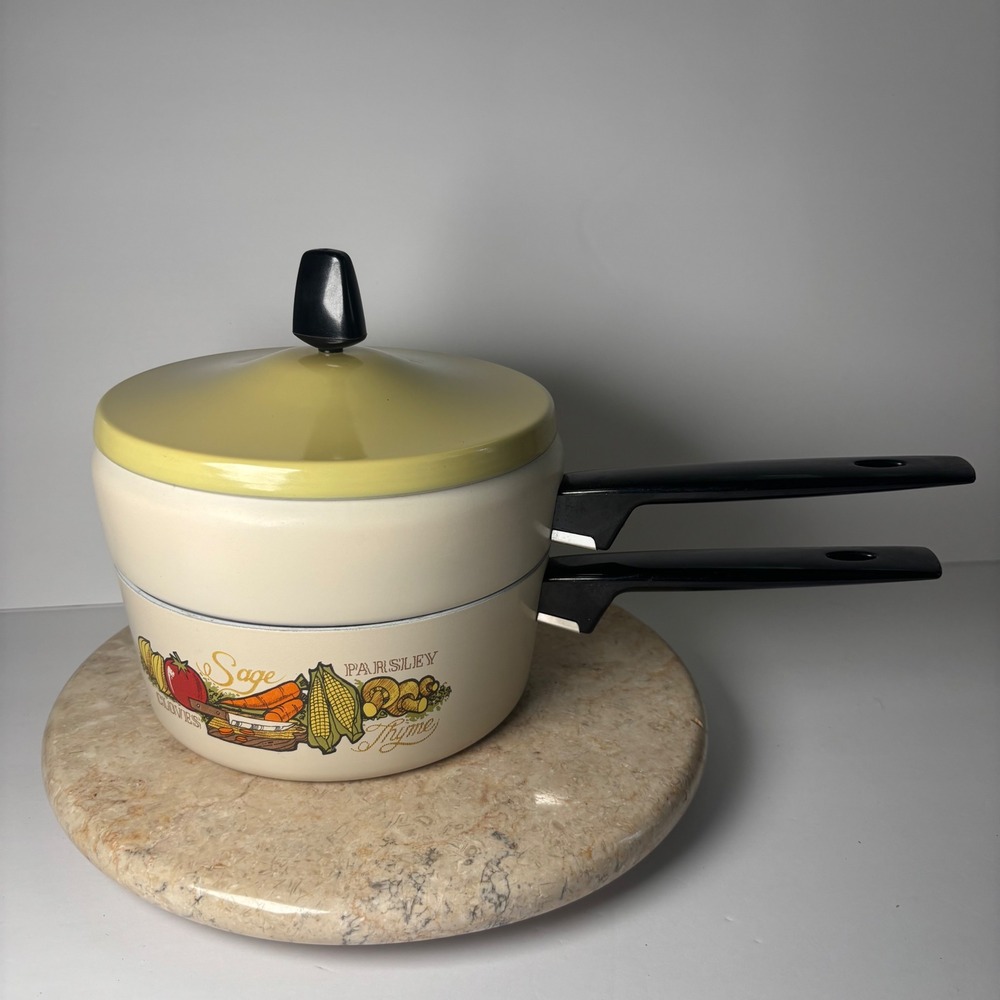 Regal Ware Double Boiler Vintage Cream Harvest Gold Herbs Garden Made in USA VTG